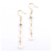 Kilburn, Rainbow Moonstone & Black Rutilated Quartz & Freshwater Pearl Long Earrings